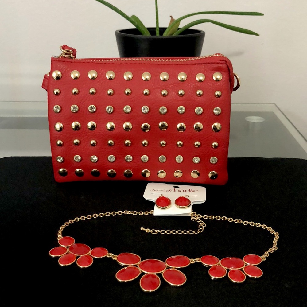 Red and gold purse, earrings and necklace set